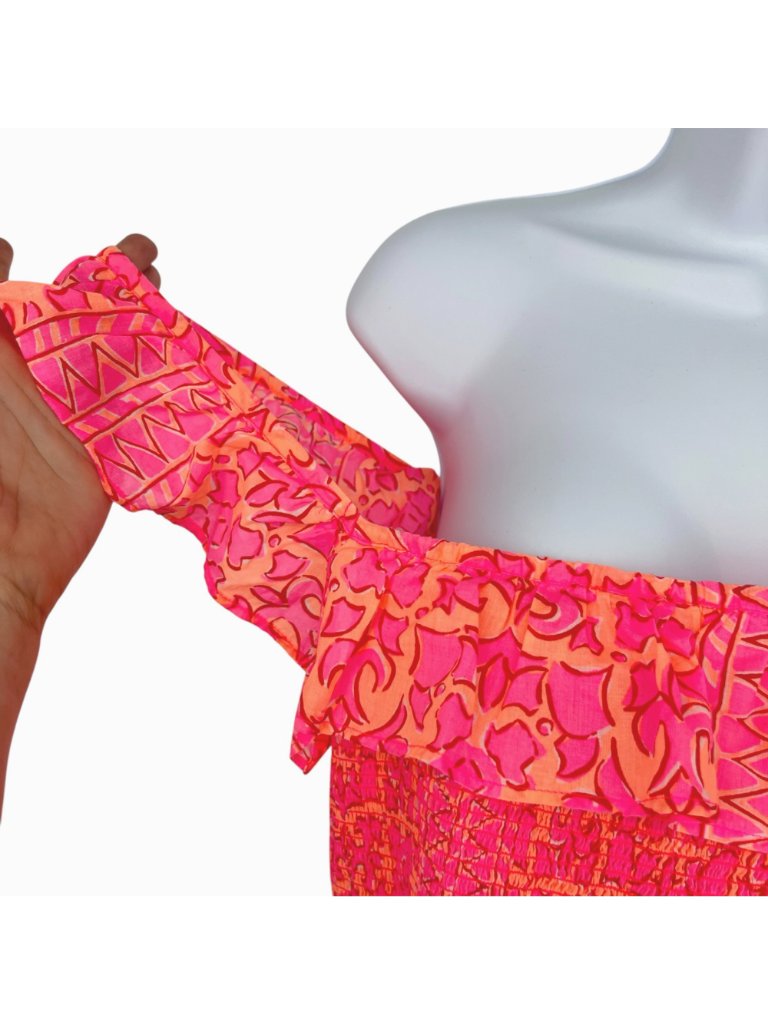Vineyard Vines Neon Tortola Smocked Midi Dress Vibrant Pink Orange Size Medium — image 7 of 8